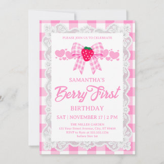 Rosa Gingham-Spitze Erdbeere 1. Geburtstag Einladung