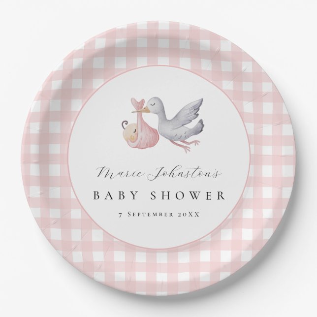 Rosa Gingham-Stiel Baby Shower Papierplatten Pappteller (Vorderseite)