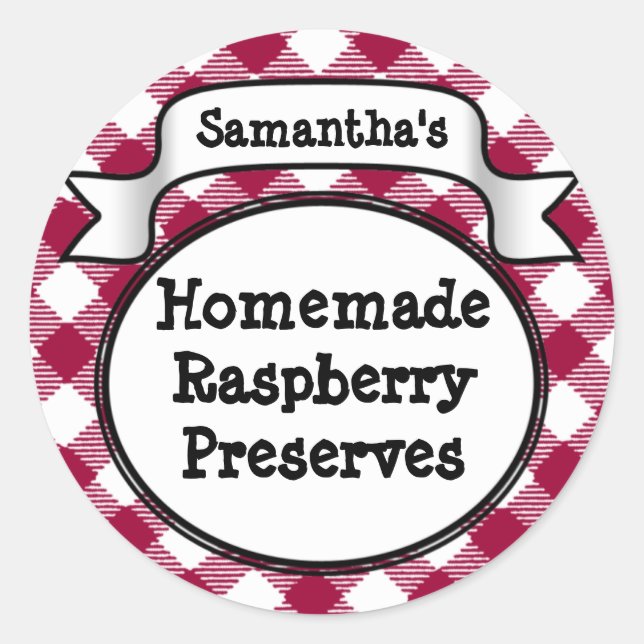 Rosa Gingham Strawberry Jelly Jam Jar/Lid Label Runder Aufkleber (Vorderseite)