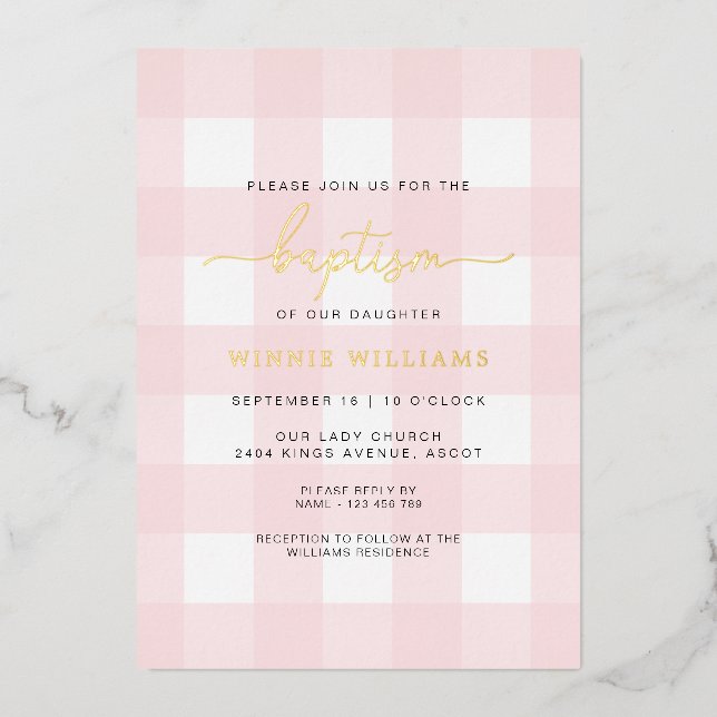 Rosa Gingham Taufe Gold Foil Einladung (Vorderseite)