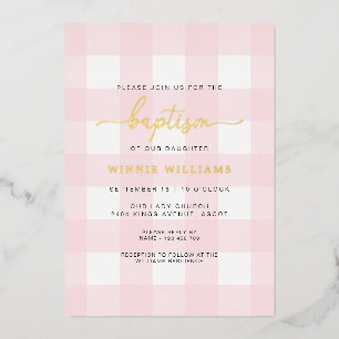 Rosa Gingham-Taufeinladung mit Goldfolie Folieneinladung
