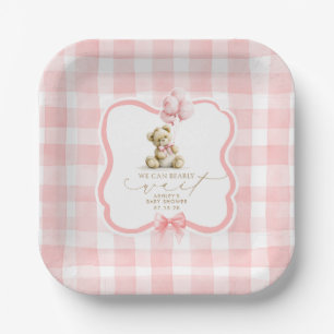 Rosa Gingham Teddy Bär Mädchen Baby Shower Pappteller