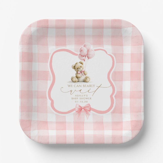 Rosa Gingham Teddy Bär Mädchen Baby Shower Pappteller (Vorderseite)
