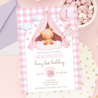 Rosa Gingham Teddybär Ballon Mädchen 1. Geburtstag Einladung