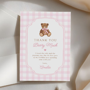 Rosa Gingham-Teddybär Beary Erster Geburtstag Dankeskarte