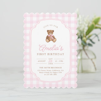 Rosa Gingham-Teddybär Beary Erster Geburtstag Einladung