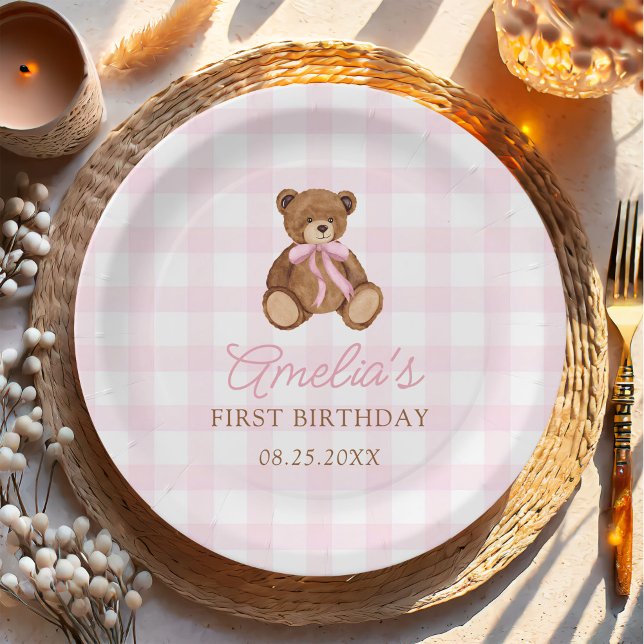 Rosa Gingham-Teddybär Beary Erster Geburtstag Pappteller (Von Creator hochgeladen)