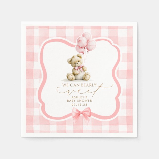 Rosa Gingham-Teddybär-Mädchen-Baby-Party Serviette (Vorderseite)