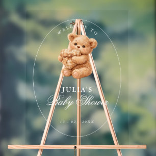 Rosa Gingham Teddybär Neutrale Babyparty Acrylschild