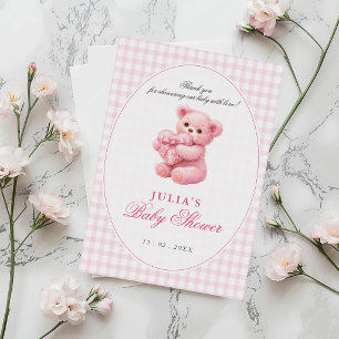 Rosa Gingham-Teddybär neutrale Babyparty Einladung