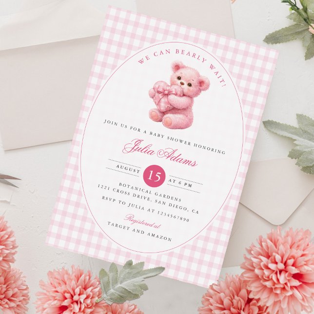 Rosa Gingham Teddybär Neutrale Babyparty Einladung (Von Creator hochgeladen)