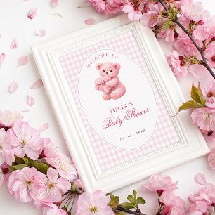 Rosa Gingham Teddybär Neutrale Babyparty Poster