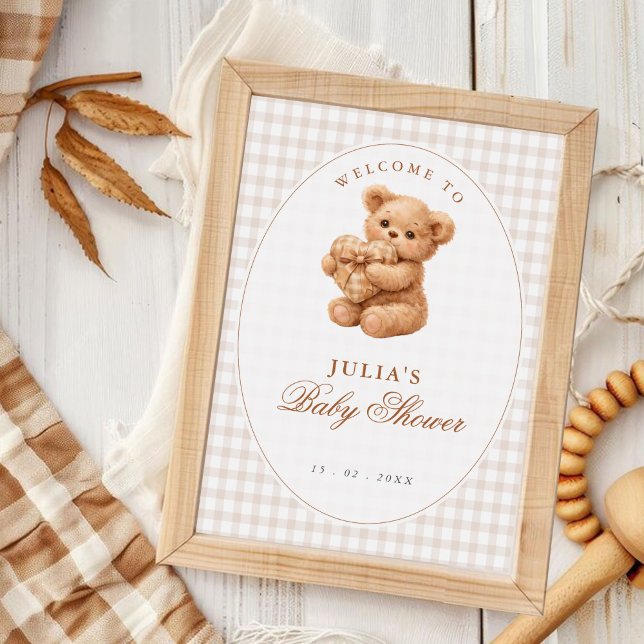 Rosa Gingham Teddybär Neutrale Babyparty Poster (Von Creator hochgeladen)