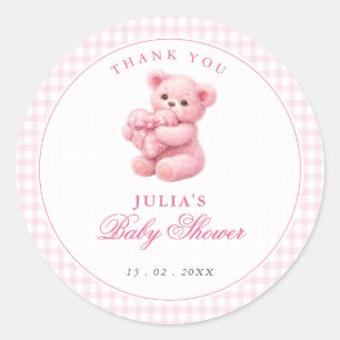 Rosa Gingham-Teddybär Neutrale Babyparty Runder Aufkleber