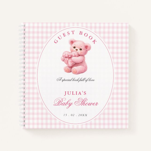 Rosa Gingham Teddybär Neutrales Babyshower Notizbuch (Vorderseite)