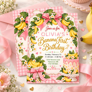 Rosa Gingham-Tropenfrucht-1. Geburtstag Mädchen Te Einladung