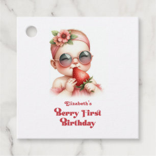 Rosa Gingham und Erdbeere Erster Geburtstag Geschenkanhänger