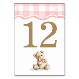 Rosa Gingham und Teddybär-Baby-Party Tischnummer