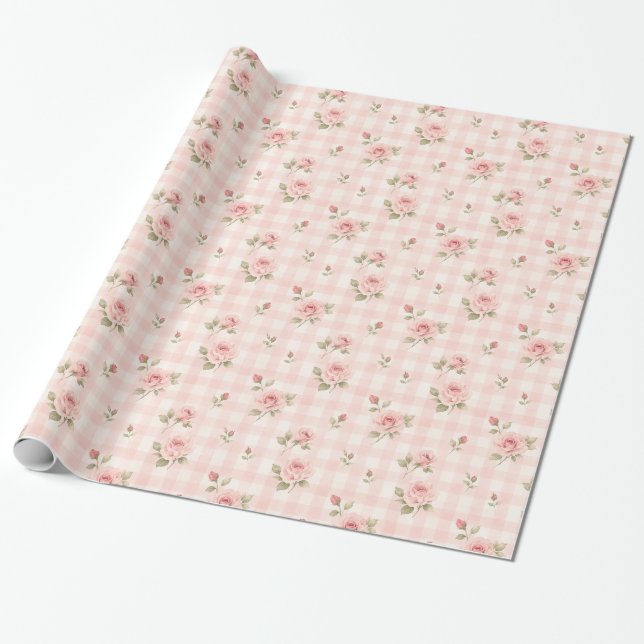 Rosa Gingham-Wasserfarben-Blumen-Geschenkpapier Geschenkpapier (Ungerollt)