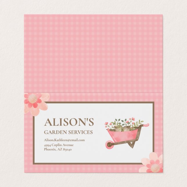 Rosa Gingham Watercolor Garden Visitenkarten (Außenseite Aufgefaltet)