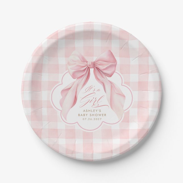 Rosa Gingham-Wimpern-Bogen Mädchen Baby Shower Pappteller (Vorderseite)