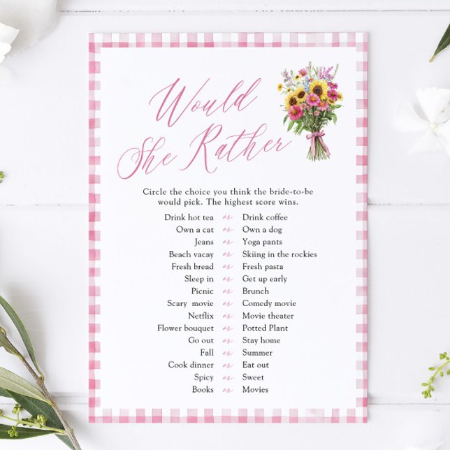 Rosa Gingham Würde Sie Eher Brautparty-Spiel Einladung (Pink Gingham Would She Rather Bridal Shower Game )
