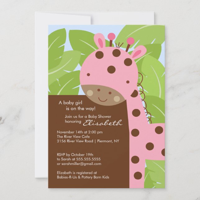 Rosa Giraffe Kinderdusche Einladung (Vorderseite)