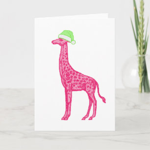 Rosa Giraffe mit grüner Weihnachtsmannmütze Karte