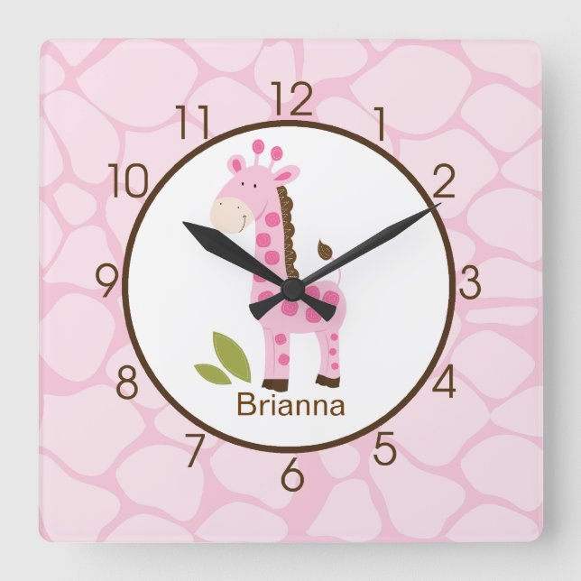 Rosa Giraffe Personalisiertes Kinderzimmer Uhr dru (Vorderseite)