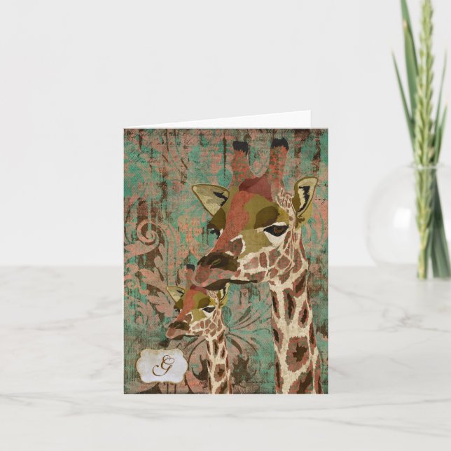 Rosa-Giraffen-Damast-Monogramm Notecard (Vorderseite)