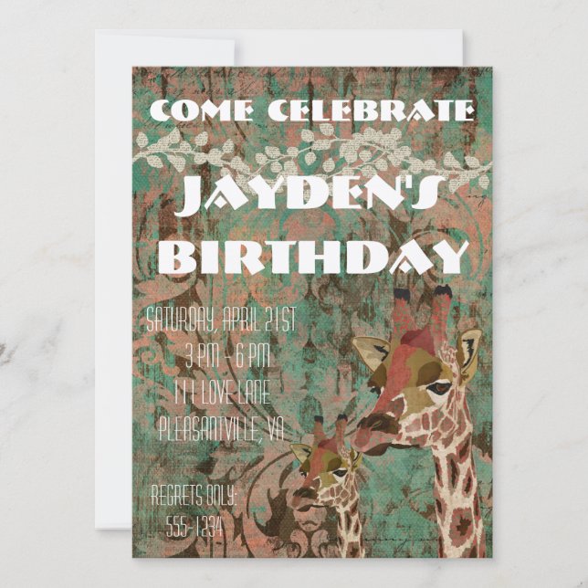 Rosa Giraffes Damask Geburtstag Einladung (Vorderseite)