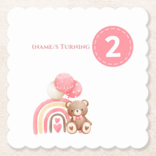 Rosa Girl 2. Geburtstag Regenbogen, Teddy & Ballon Untersetzer