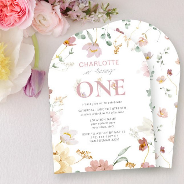 Rosa Girl-Wildblume macht einen 1. Geburtstag Einladung (Von Creator hochgeladen)