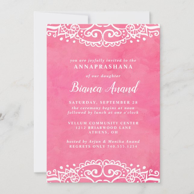 Rosa Girls Annaprashana Erster Reis Zeremonie Einladung (Vorderseite)