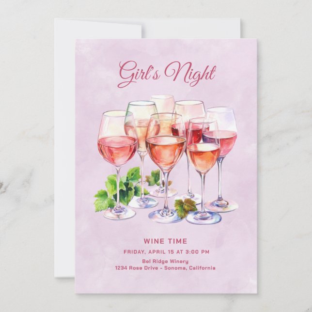Rosa Girls Night Wine Einladung (Vorderseite)