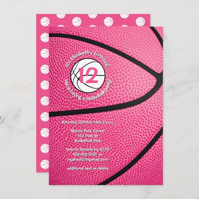 Rosa Girls Sport Partys Basketball Einladung (Vorne/Hinten)