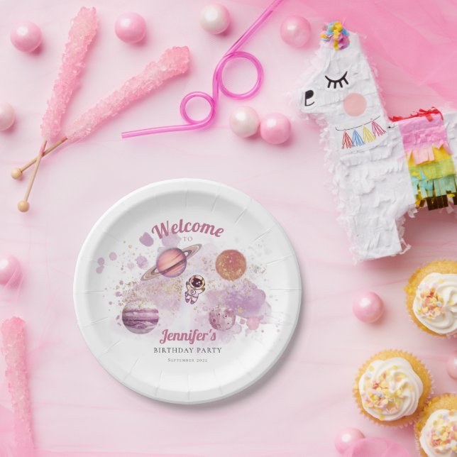 Rosa Girls Weltraumraketenplaneten Galaxie Pappteller (Party)