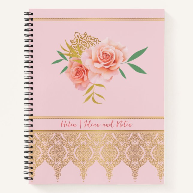 Rosa Girly Floral Rose und Gold Bouquet Notizbuch (Vorderseite)