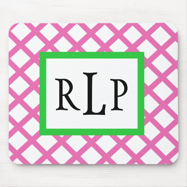 Rosa Gitter Mousepad mit Monogramm (Vorne)
