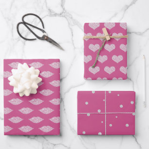 Rosa Glam Diamanten Lippen und Herzen Geschenkpapier Set