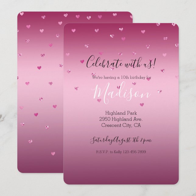 Rosa Glam Glitzer Herz Einladung (Vorne/Hinten)
