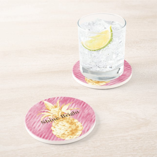 Rosa Glam Streifen Gold Tropische Ananas Getränkeuntersetzer (Seite)