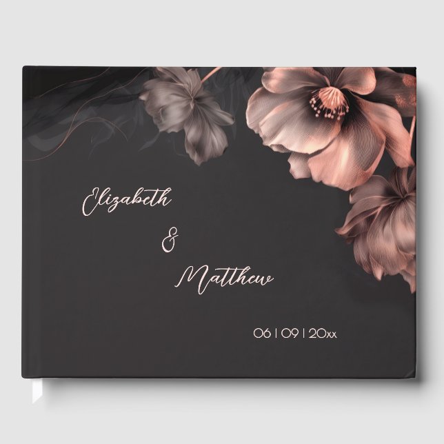 Rosa glänzende Blume Schwarz | Hochzeit Gästebuch (Vorderseite)