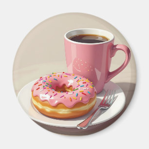 Rosa glasierter Donut und Kaffee Magnet