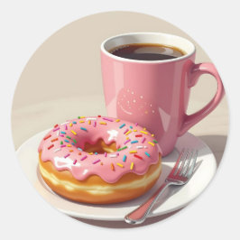 Rosa glasierter Donut und Kaffee Runder Aufkleber