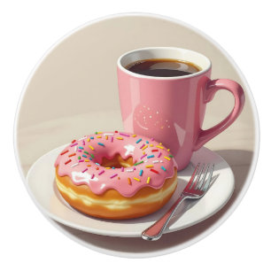 Rosa glasierter Donut und Kaffeetasse Keramikknauf
