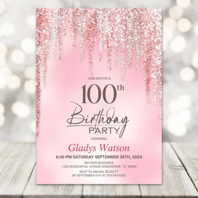 Rosa Glitter 100. Geburtstagsfeier Einladung (Von Creator hochgeladen)