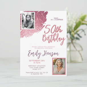 Rosa Glitter 2 Foto Überraschung 50. Geburtstag Einladung