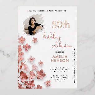 Rosa Glitter Blumen Floral 50. Geburtstag Foto Folieneinladung