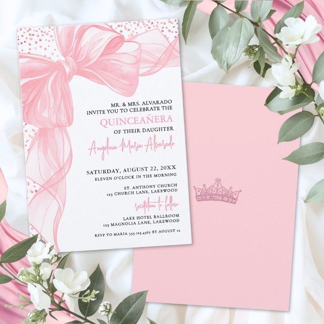 Rosa Glitter-Bogen Quinceanera Einladung (Blush Pink Quinceanera Invitation)